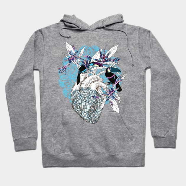 Human anatomical heart with flowers and two toucan birds Hoodie by Olga Berlet